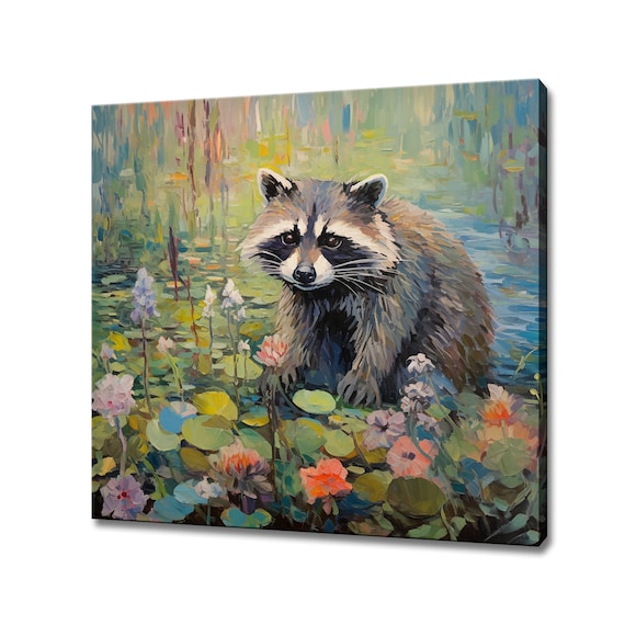Cute Raccoon In Water Lily Pond Among Flowers Impressionist Poster