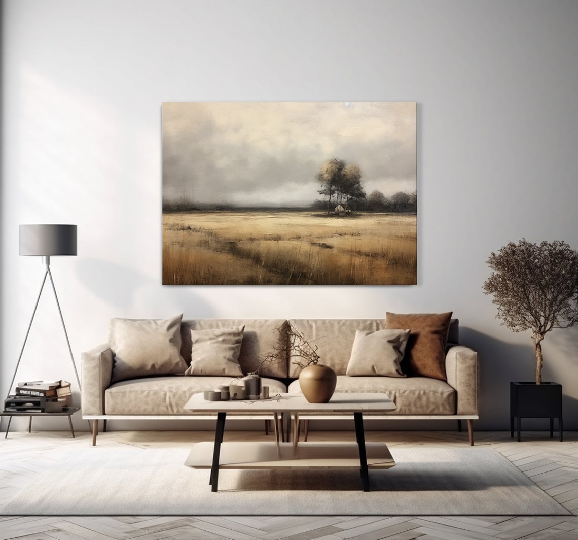 Lone Trees With Cottage In Misty Field Serene Neutral Landscape Poster - Image 4