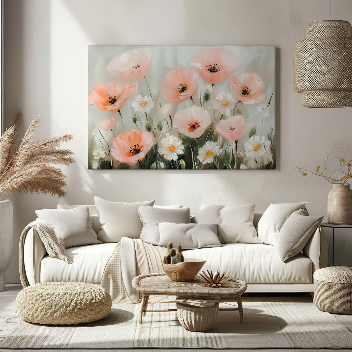 Peach Poppies And White Daisies Soft Oil Painting Floral Print - Image 2