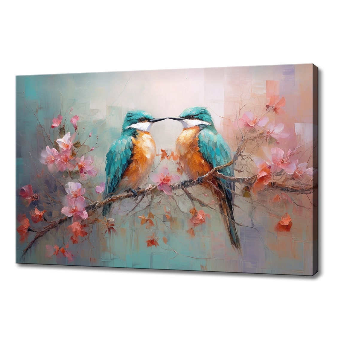 Two Kingfisher Birds Beak To Beak Blossom Branch Painting Poster