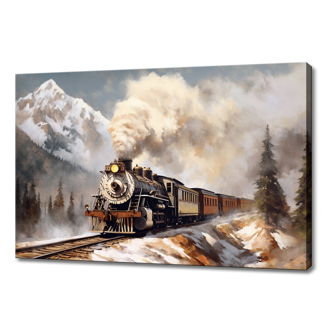 Vintage Steam Locomotive In Snowy Mountains Winter Train Art Poster