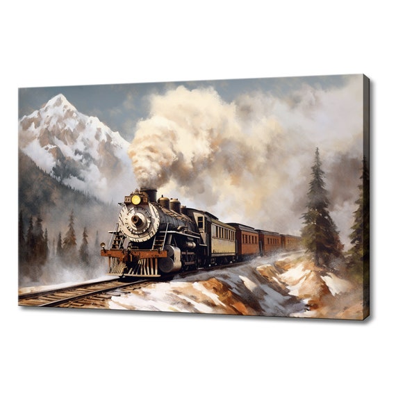 Vintage Train In Snowy Mountains Painting Style Print Farmhouse Decor Art Neutral Nature Picture Wall Hanging Fine Art Print