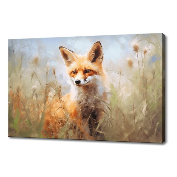 Red Fox Gazing From Misty Tall Grass Vintage Woodland Art Poster
