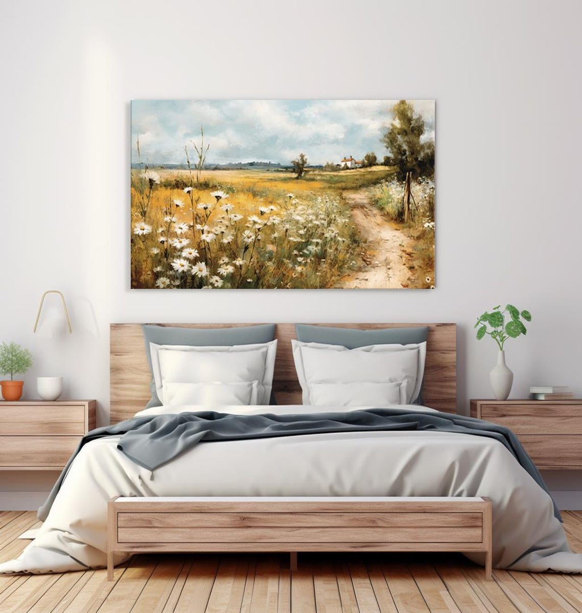 White Daisies Along Dirt Path Farmhouse Golden Field Vintage Poster - Image 4