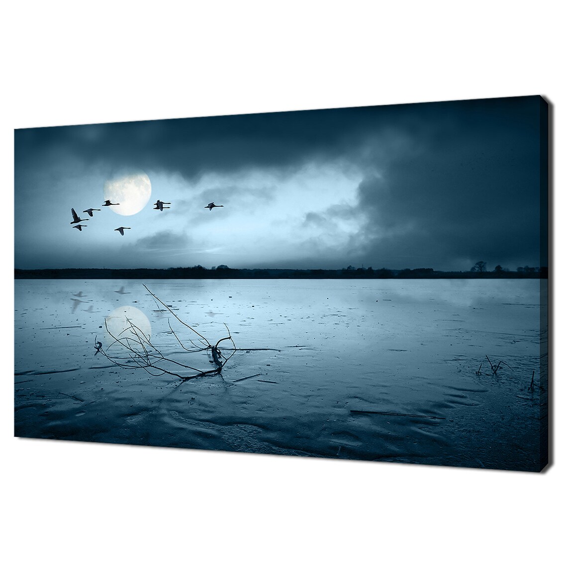 Geese Flying Above Frozen Lake, Modern Art Print