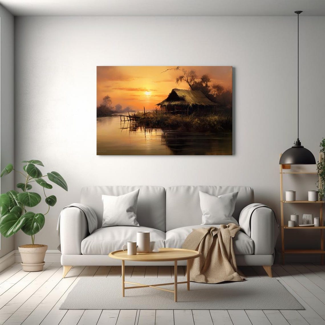House By The Lake Sunset Vintage Landscape Painting Style Print Farmhouse Decor Art Nature Picture Wall Hanging Fine Art Print - Image 2