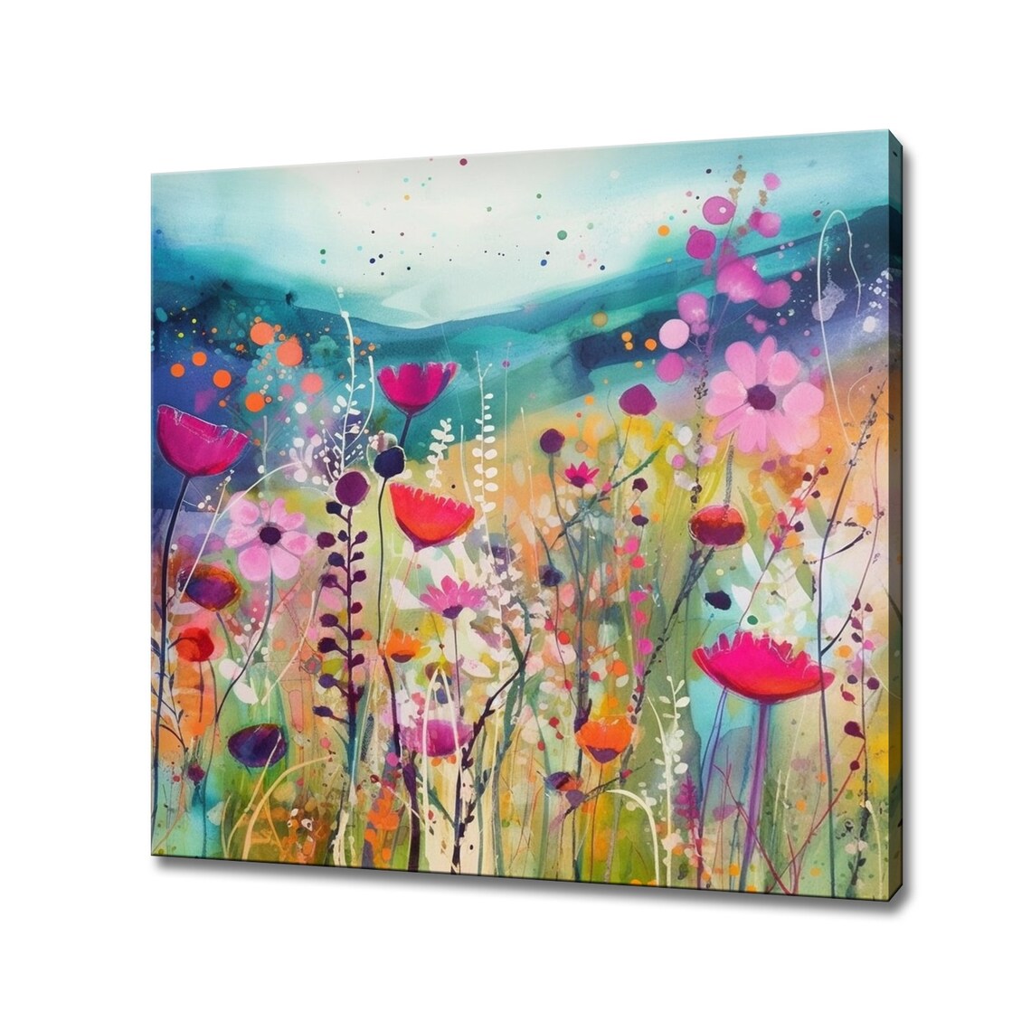 Colorful Wildflower Meadow Field Watercolor Painting Teal Sky Poster
