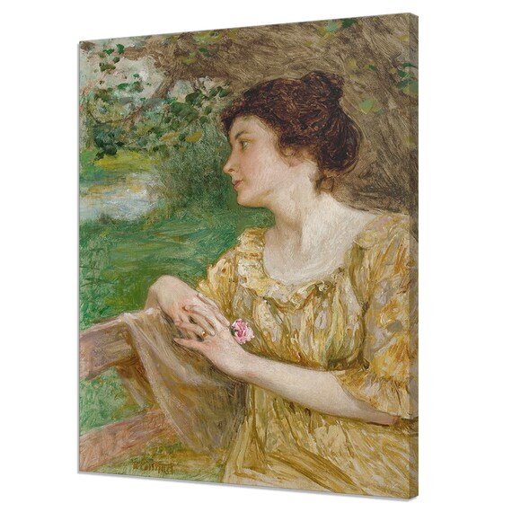 Victorian Woman In Yellow Dress Garden Vintage Oil Portrait Fine Art Print