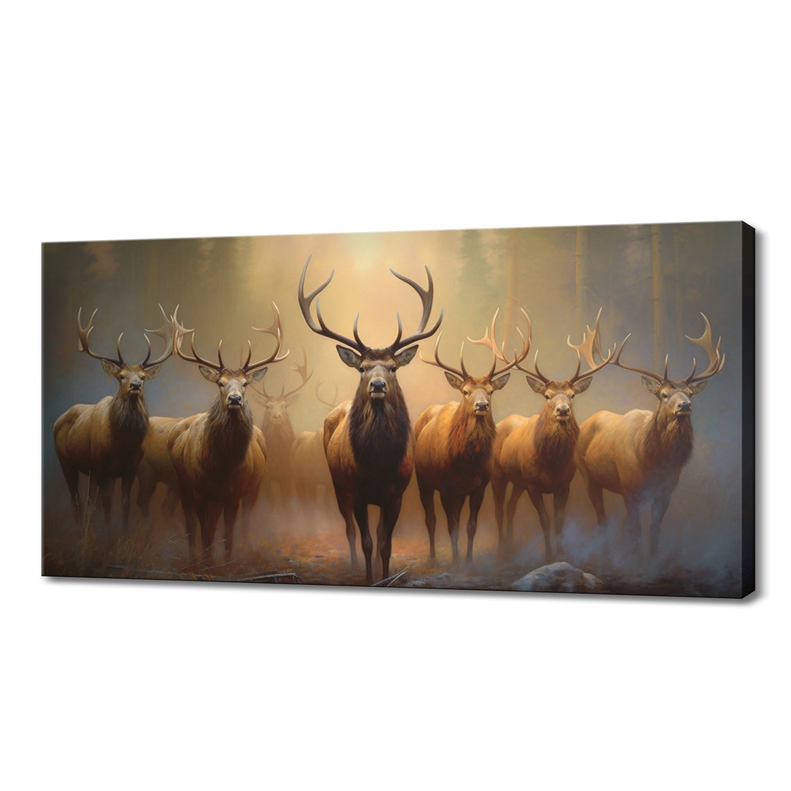 Majestic Stag Deer Herd Misty Forest Golden Painted Wildlife Poster