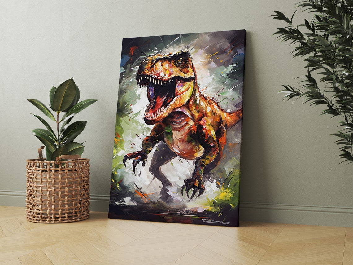 Colorful Roaring T Rex Dinosaur Painting Kids Room Dino Wall Poster - Image 2