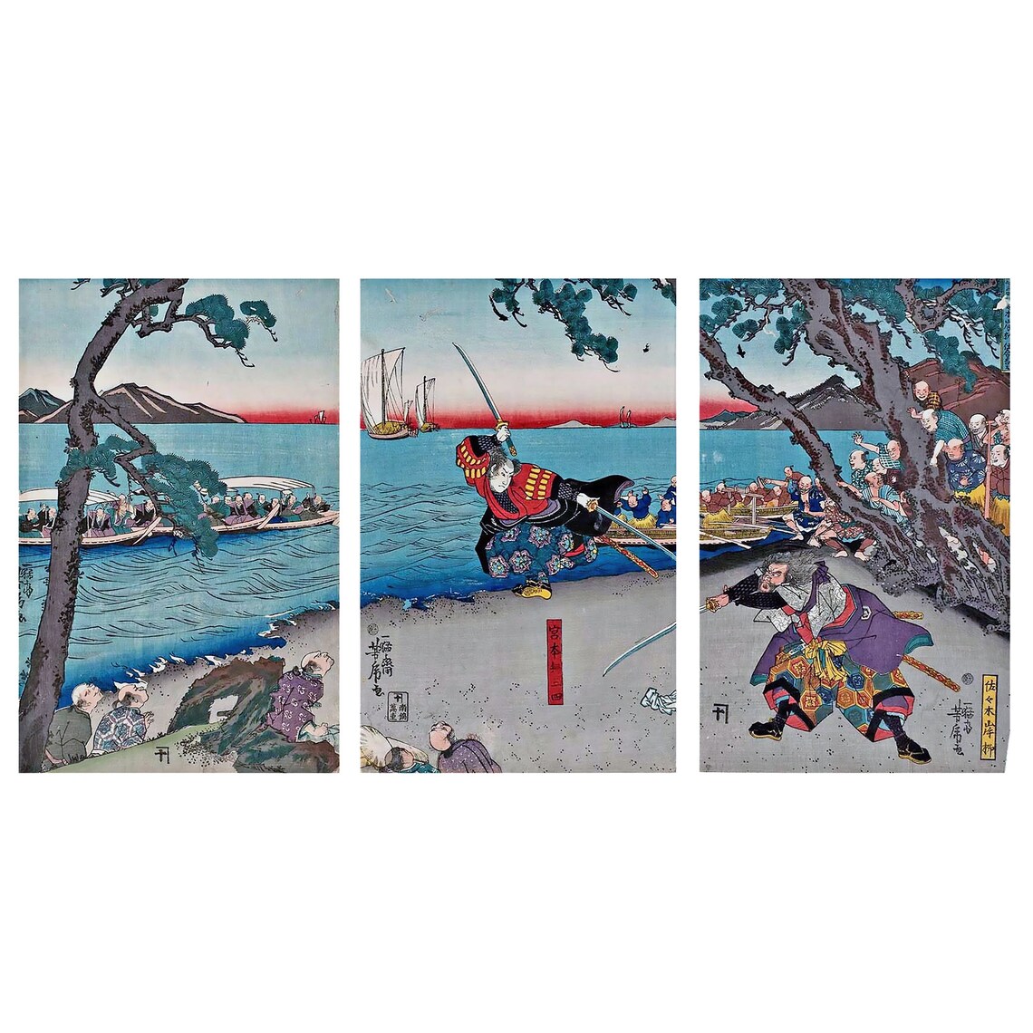 Miyamoto Musashi vs Sasaki Kojiro, Kuniyoshi Triptych Print