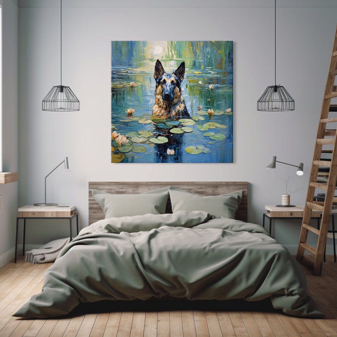 German Shepherd Dog Swimming In A Lily Pond Painting Art Poster - Image 2