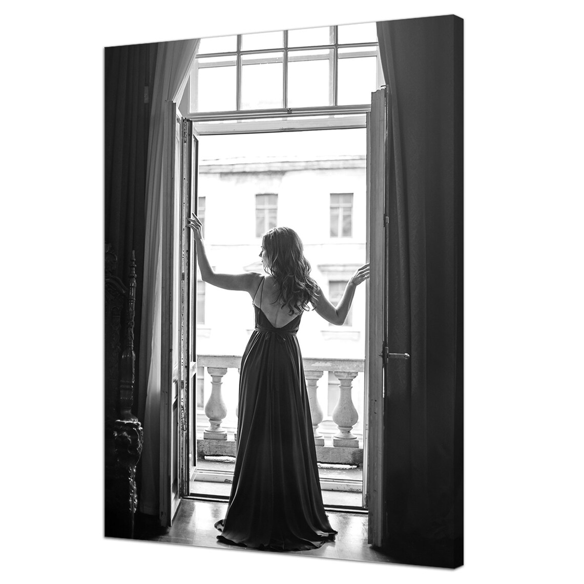 Elegant Woman In Gown Opening French Window Black White Art Poster