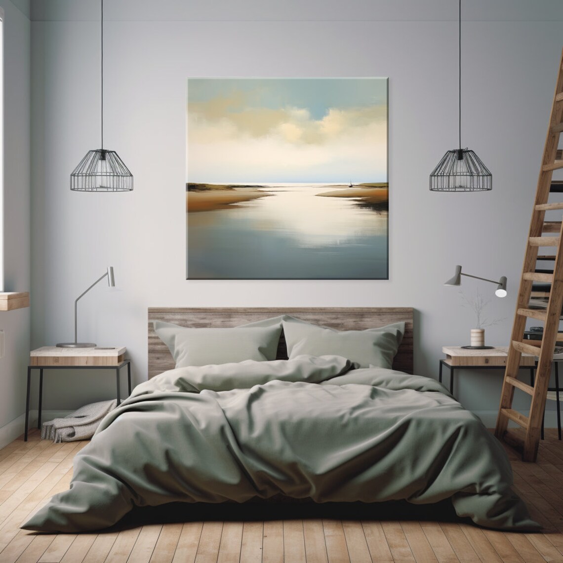 Abstract Calm Sea Boat Beach Landscape Art Print - Image 2