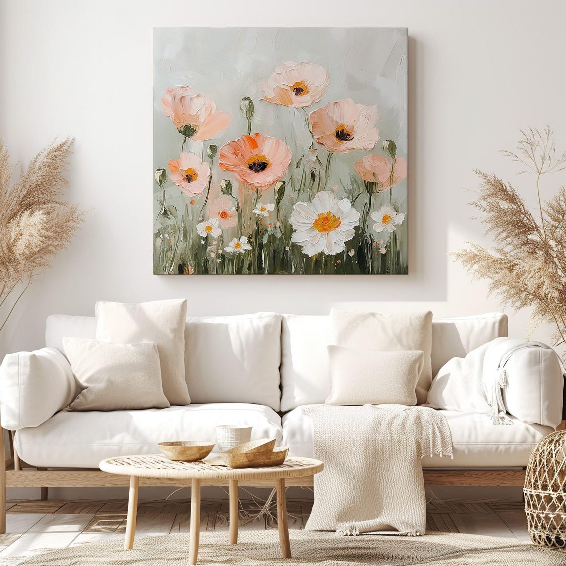 Pastel Poppies And Daisy Flowers Impasto Neutral Floral Print - Image 3