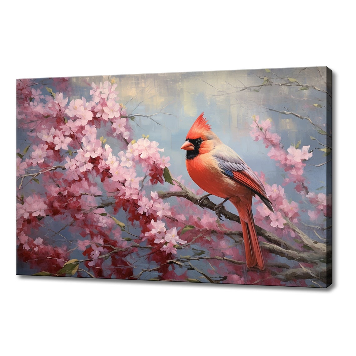 Red Northern Cardinal Pink Cherry Blossom Branch Painting Poster