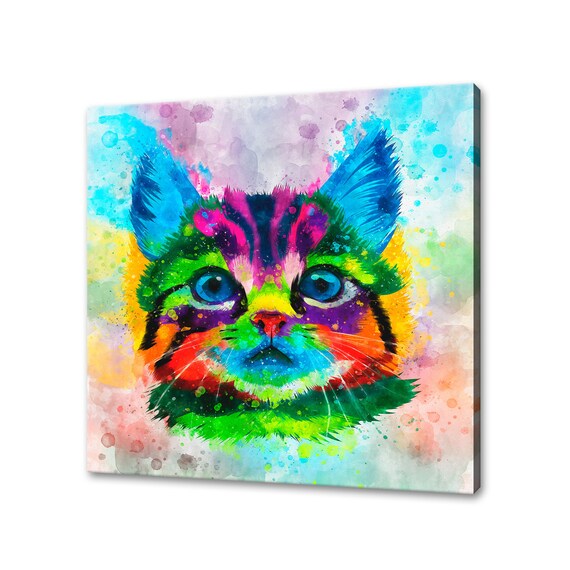 Kitten Rainbow Watercolor Cute Big Eyed Face Front Splash Poster