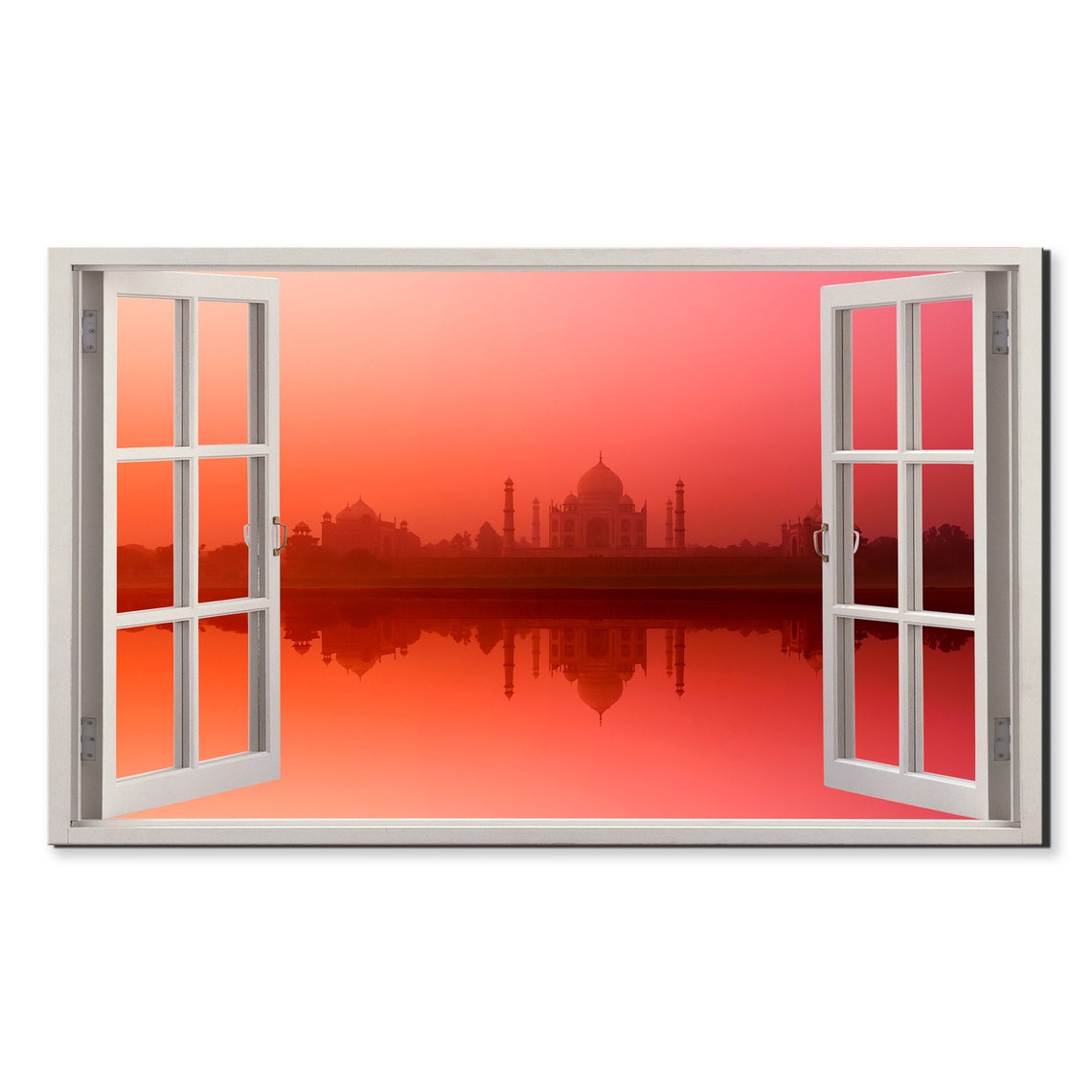 Taj Mahal Red Sunset Silhouette Open Window View India Monument Poster