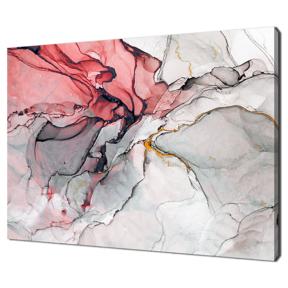 Red Black White Alcohol Ink Marble Abstract Gold Vein Fluid Wall Art