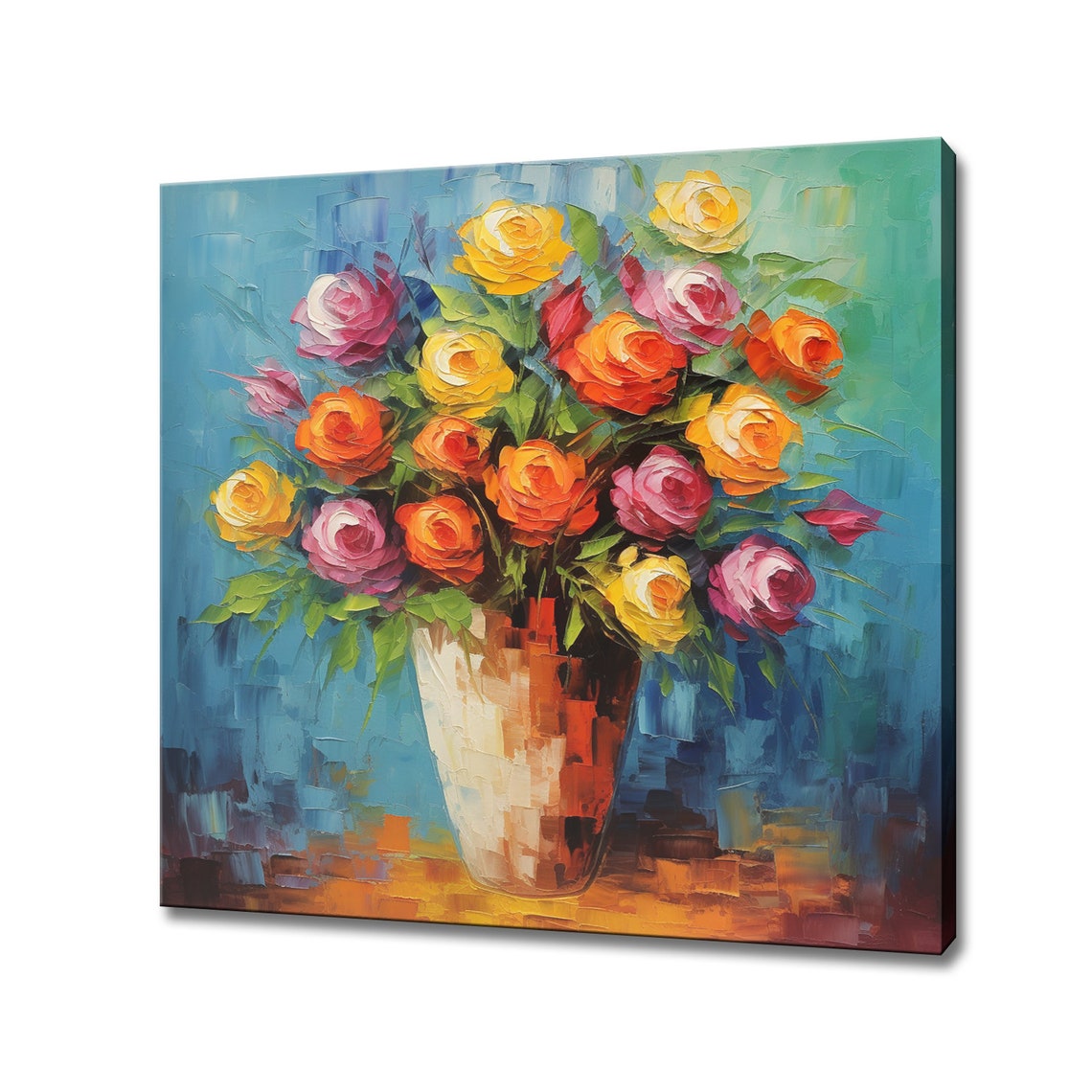 Colorful Roses In Vase Blue Background Impressionist Floral Oil Poster