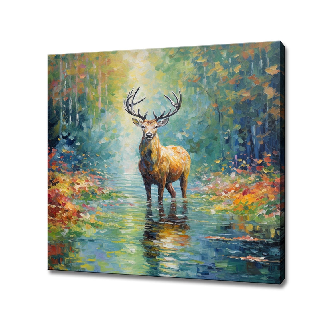 Majestic Stag With Antlers Standing In Forest River Light Poster