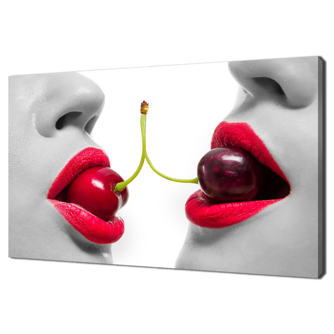 Lesbian Couple Holding Cherry Fruits In Red Lips Modern Design Home Decor Print Wall Art Wall Hanging