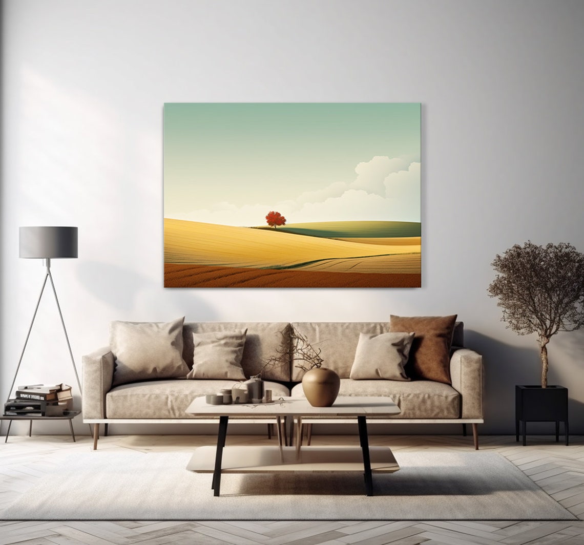Lone Red Tree Golden Wheat Field Hills Minimalist Landscape Art Poster - Image 4