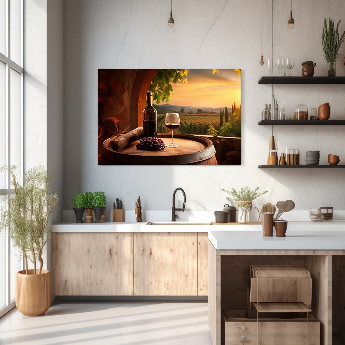 Red Wine Bottle Glass And Grapes On Barrel At Sunset Vineyard Wall Art - Image 2