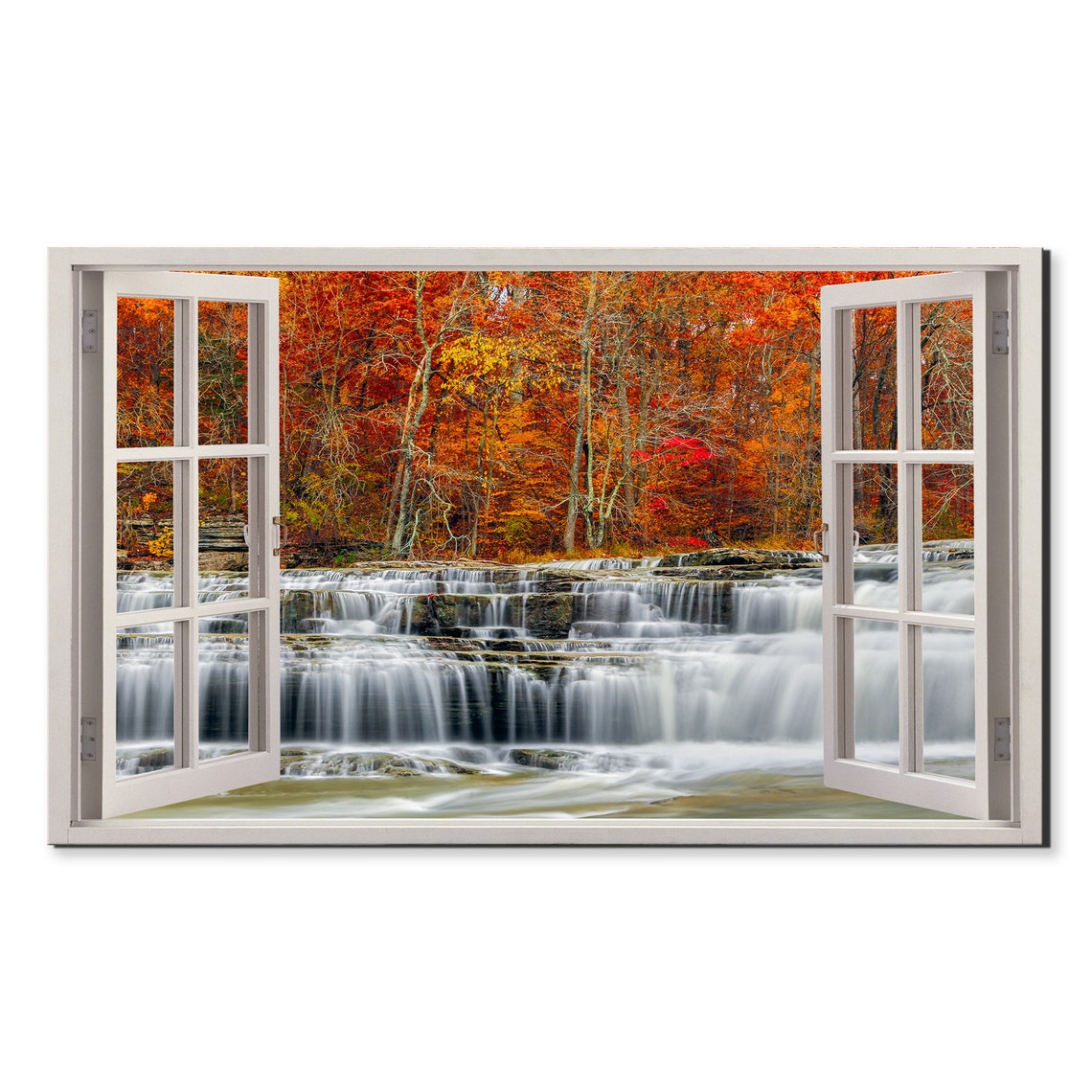 Autumn Waterfall Cascading Red Orange Forest Window View Art Poster