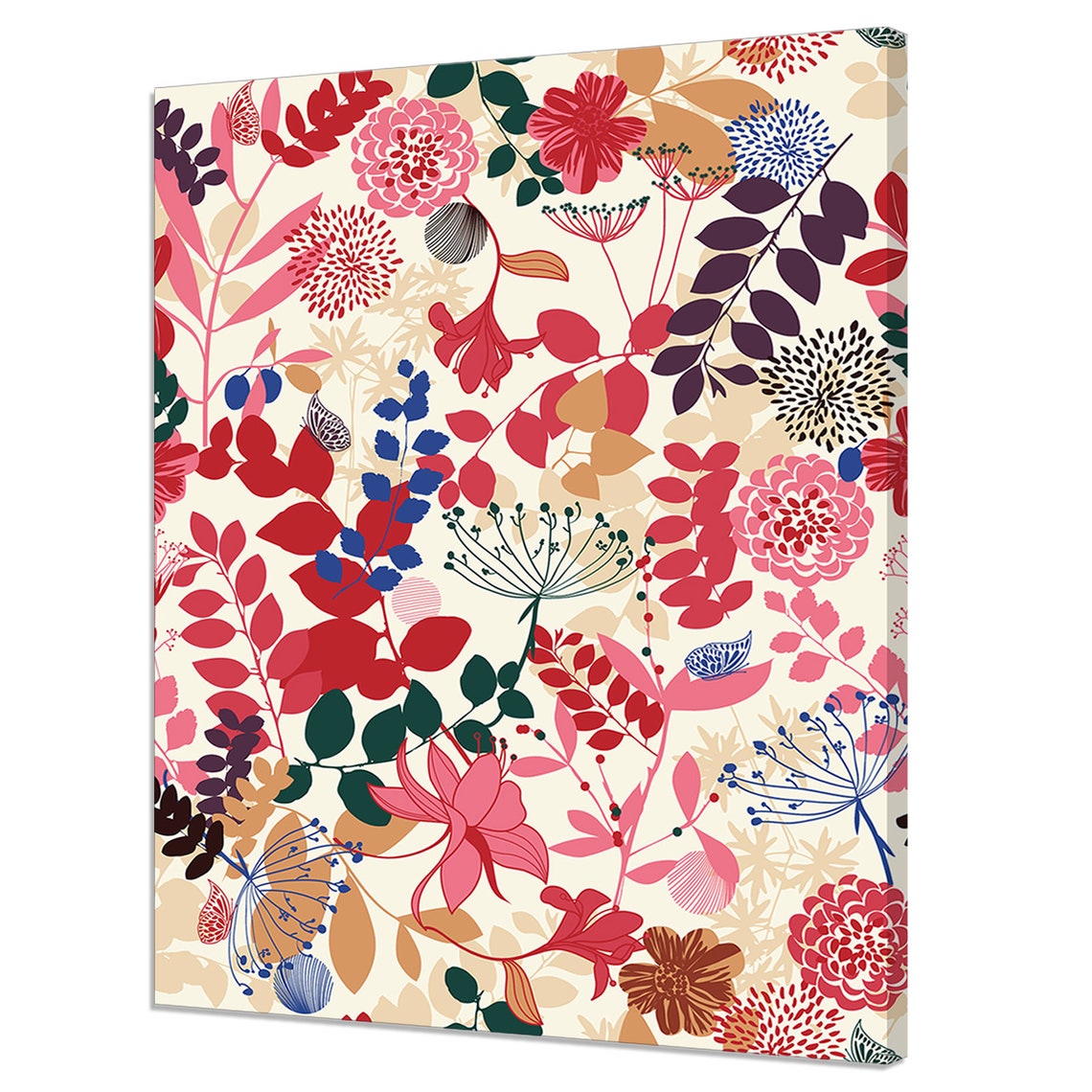 Pink Red Blue Floral Pattern Botanical Leaves Cream Illustration Print
