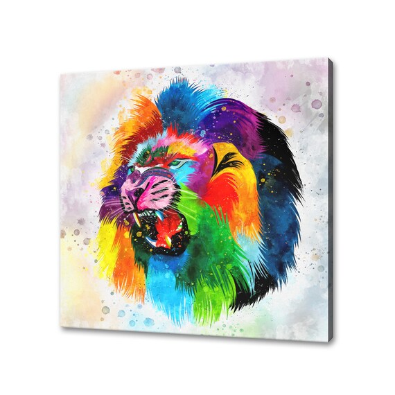 Roaring Lion Head Rainbow Watercolour Fierce Colourful Big Cat Art Poster