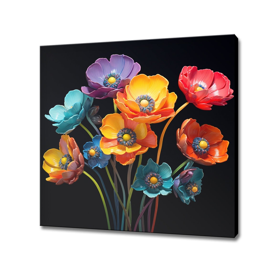 Vibrant Anemone Flowers Black Background Glass Art Style Floral Poster