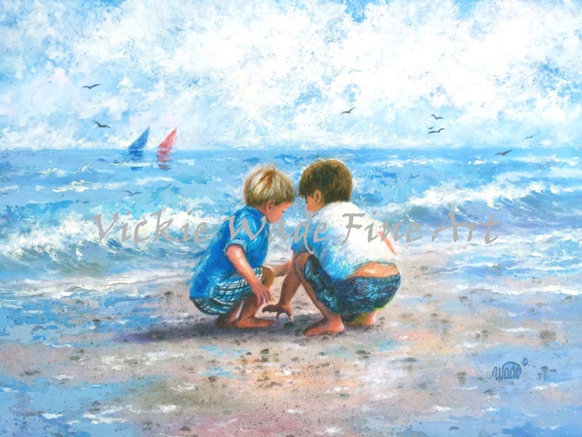 Two Little Boys Exploring The Water Edge At The Beach Poster