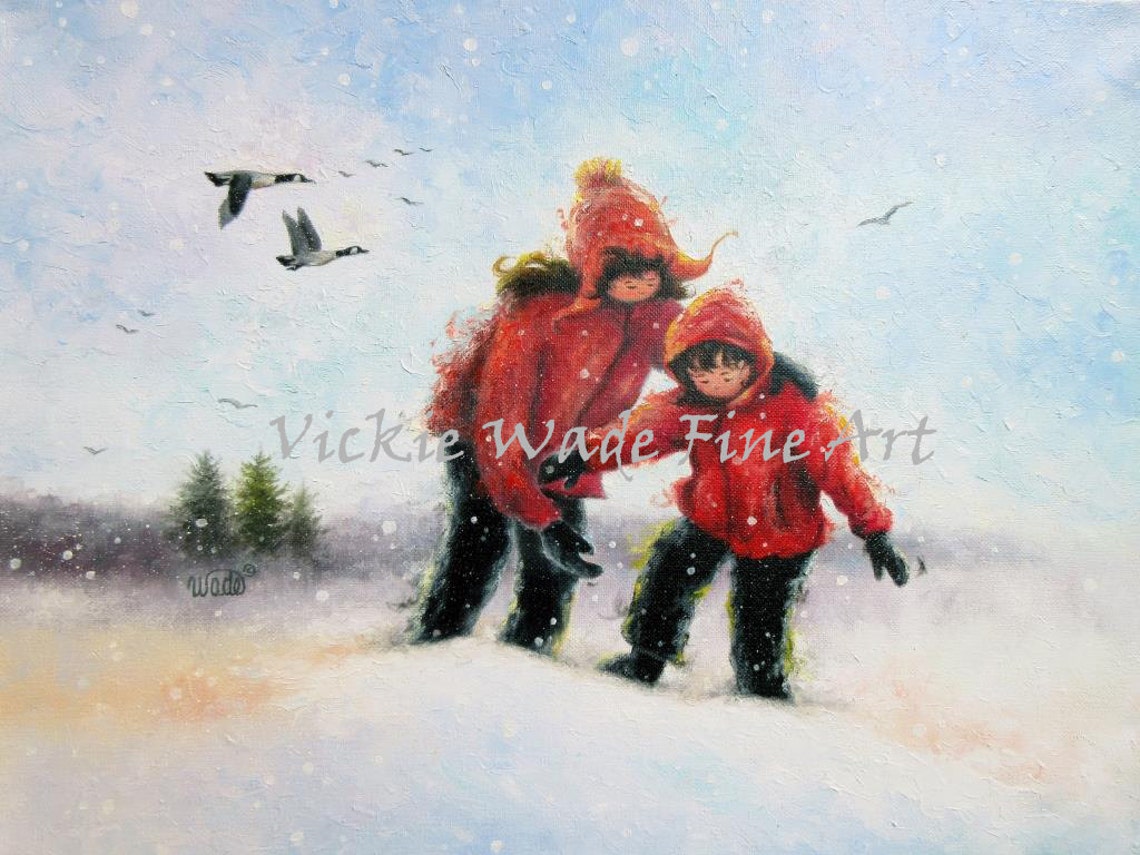 Two Sisters Snow Art Print Sister Art Sister And Brother Snow Painting Snow Children Sister Gift Red Coats Vickie Wade Paintings