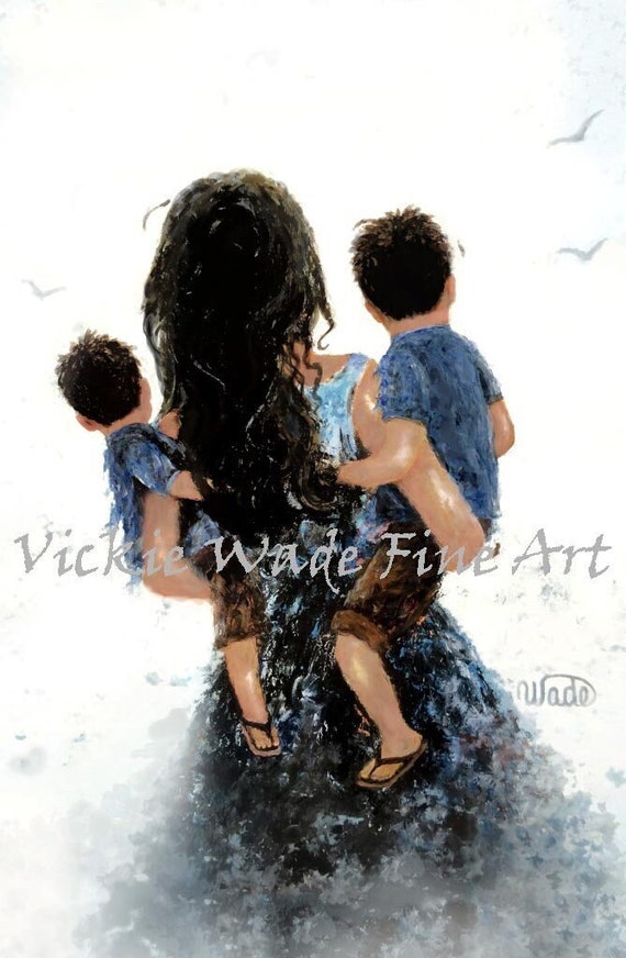 Mother Two Sons Art Print Two Boys Two Brothers Mother Carrying Two Sons Latino Indian Brown Skin Mom And Sons Vickie Wade Art