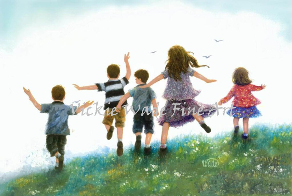 Three Brothers and Two Sisters Racing Down a Green Hill Poster