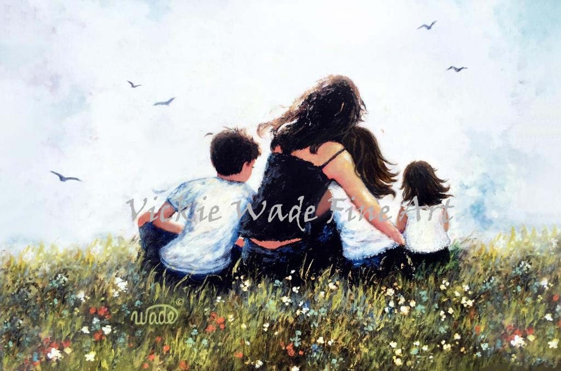 Mother Hugging Her Three Children Together In A Flower Meadow Poster