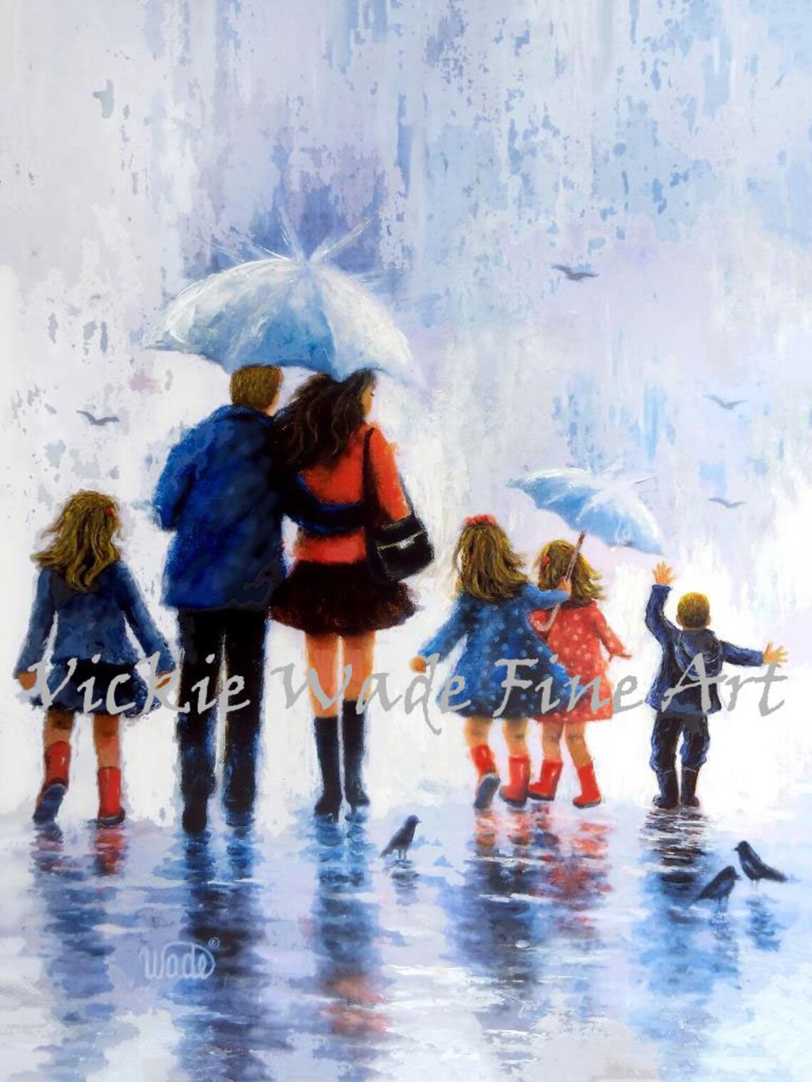 Happy Family of Six Walking Together Through Soft Gentle Rain Poster