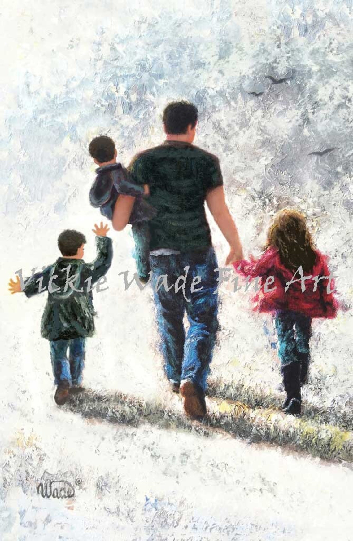 Father Walking With Three Children Along A Grassy Path Poster