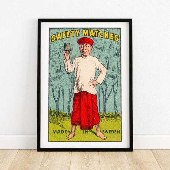 Swedish Safety Matches Art Vintage Matchbox Print Rustic Wall Decor Retro Illustration Collectors Item Unique Gift Idea A4