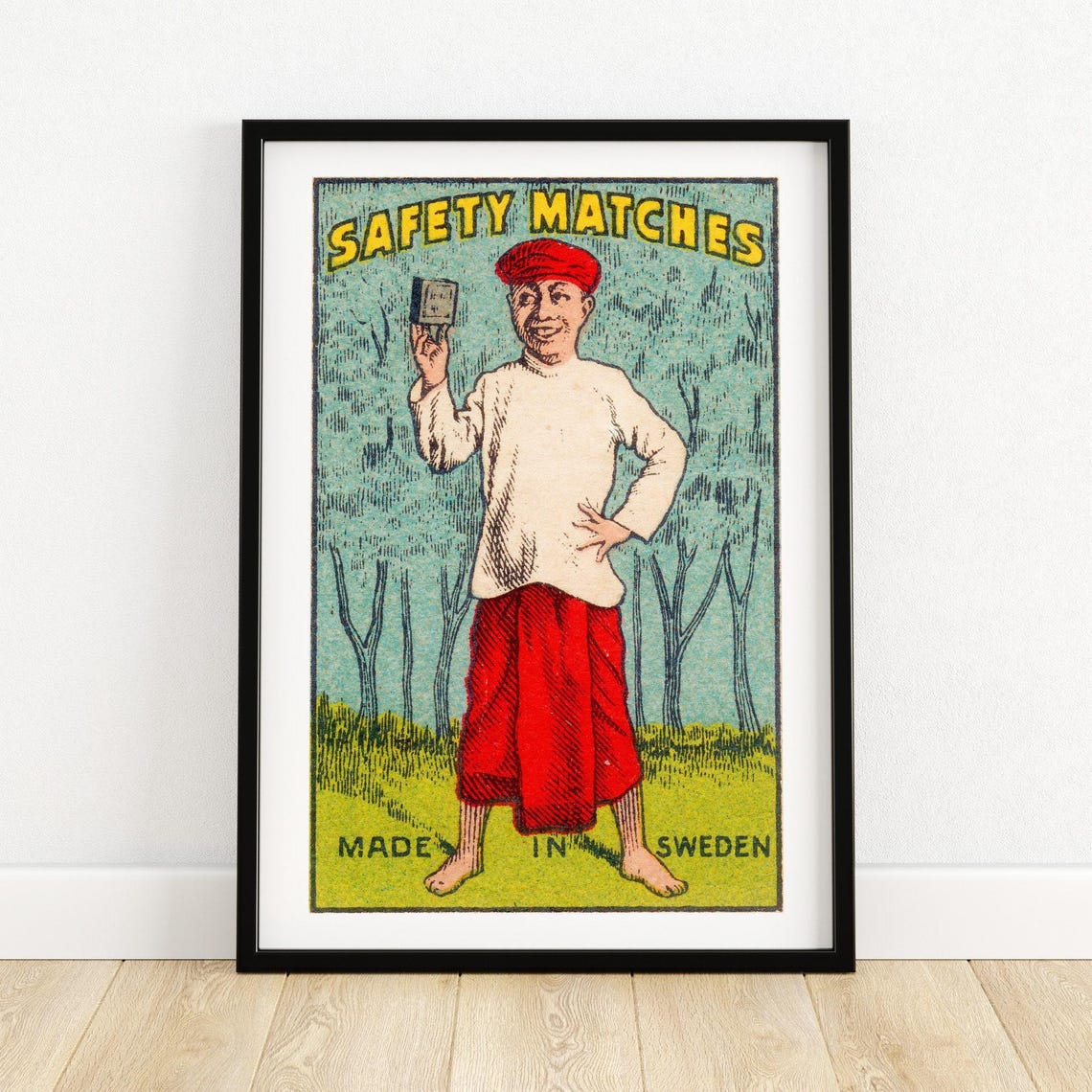 Safety Matches Man Red Cap Holding Box Swedish Label Art Poster