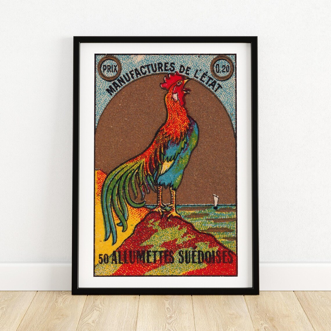 Rooster Calling Matchbox Print, Vintage Sweden Poster