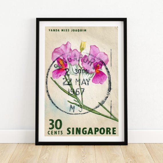 Purple Flowers Singapore Postage Stamp, Vintage Poster