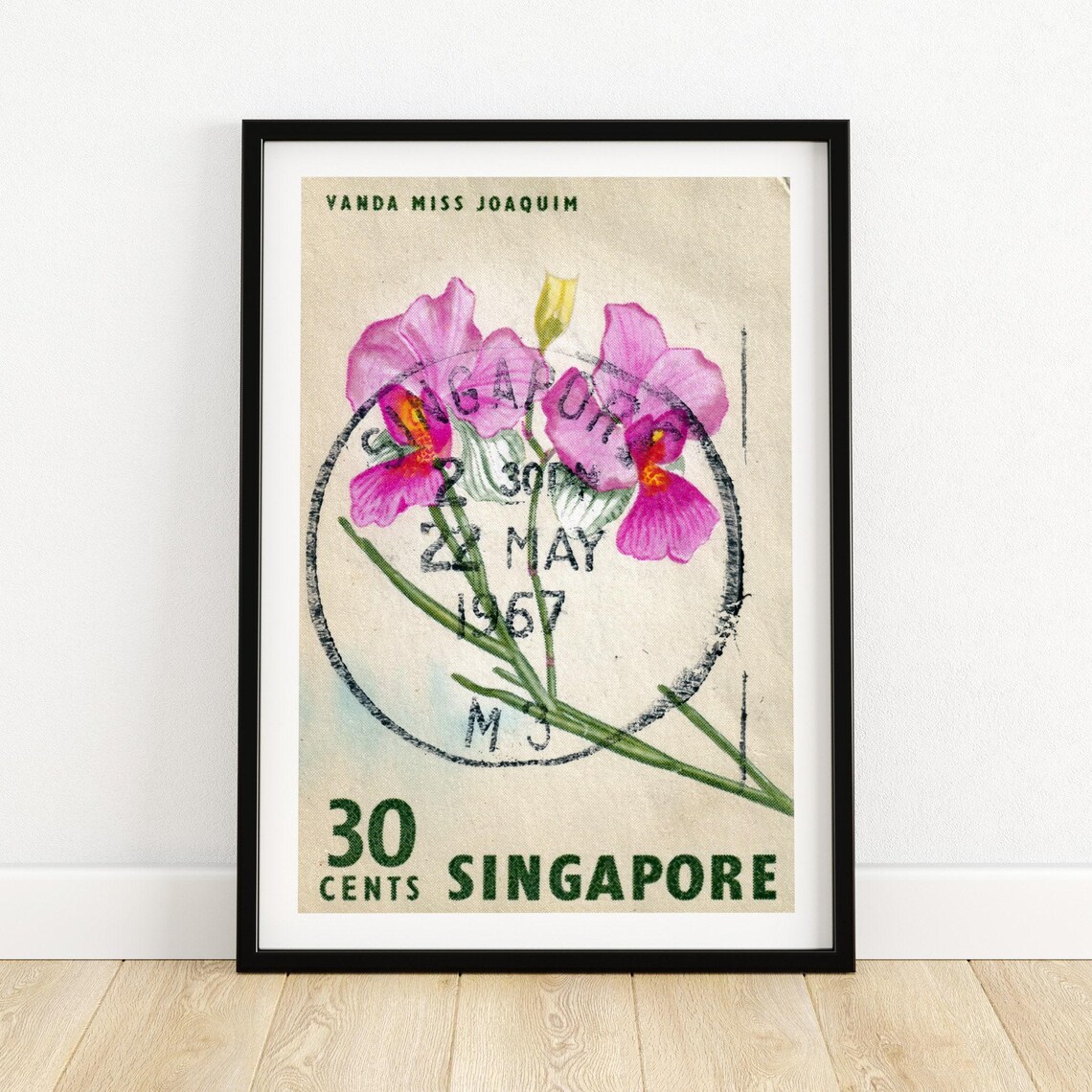 Purple Flowers Singapore Postage Stamp, Vintage Poster