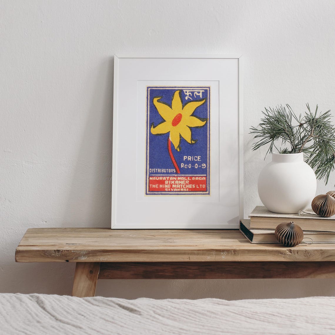 Indian Matchbox Label Yellow Flower Blue Ground Vintage Art Poster - Image 3
