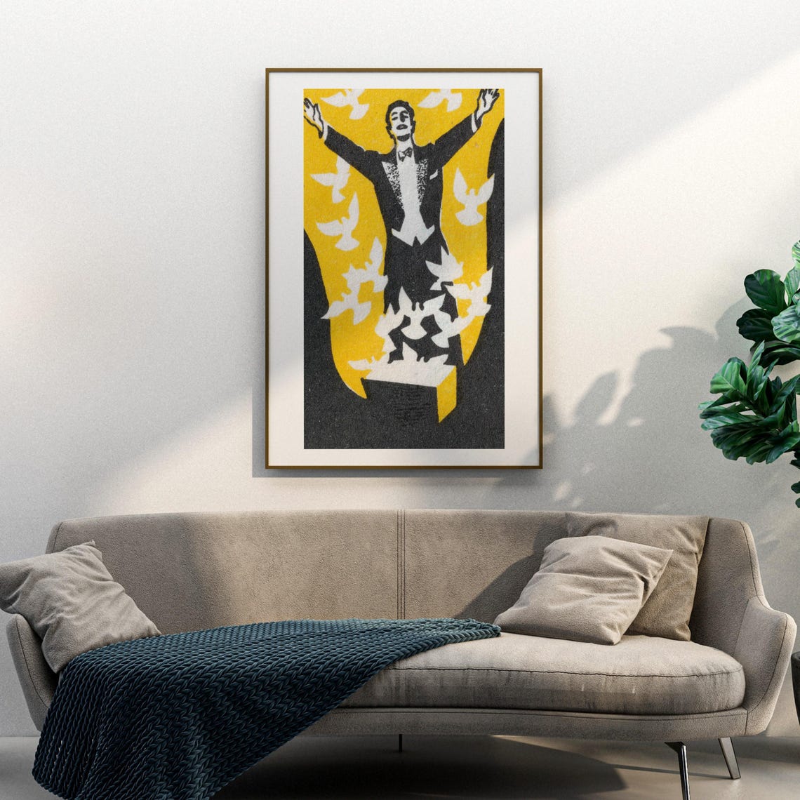 Magician Releasing Doves Yellow Black Matchbox Art Vintage Poster - Image 3