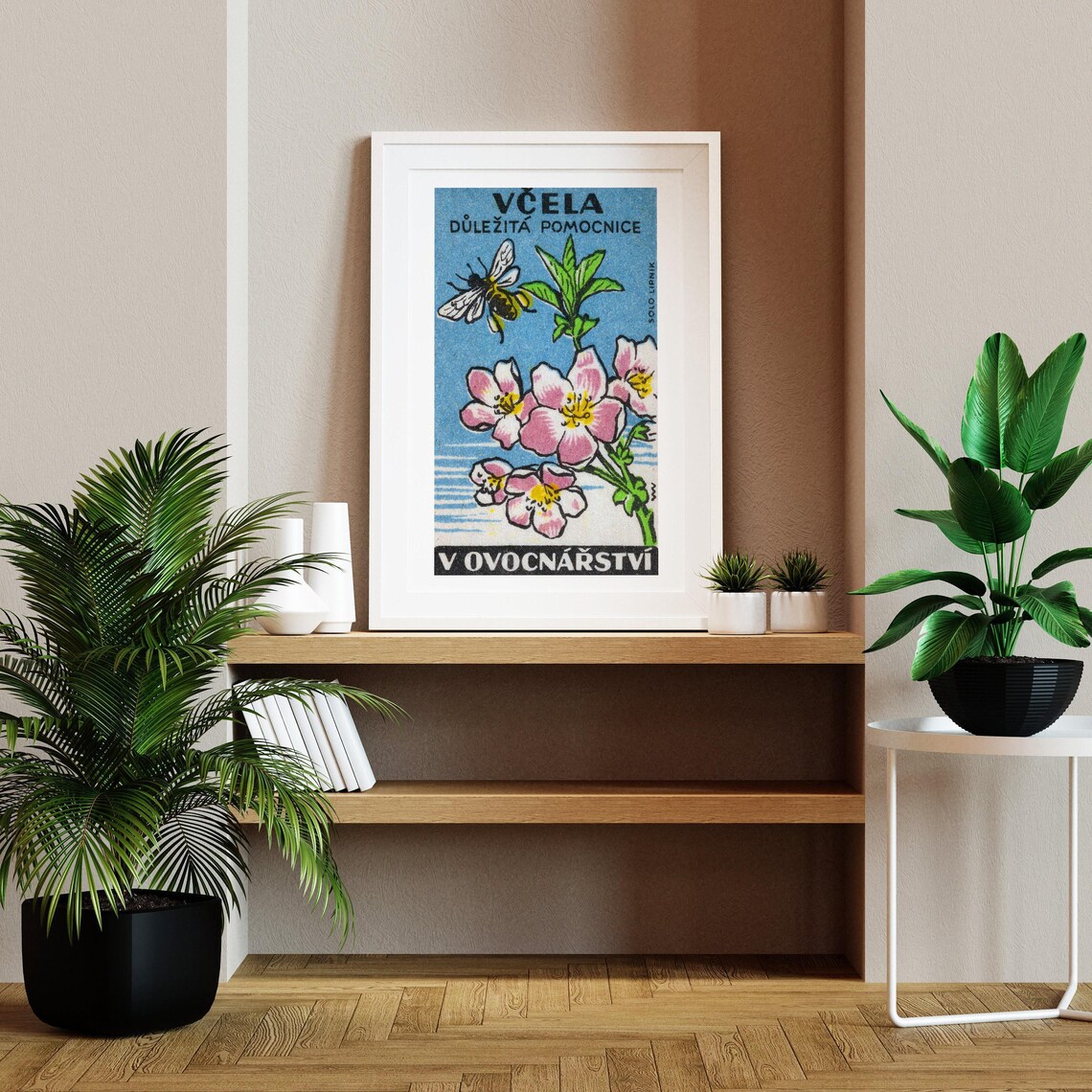 Pink Flower Yellow Bee Matchbox Vintage Czech Art Print - Image 2