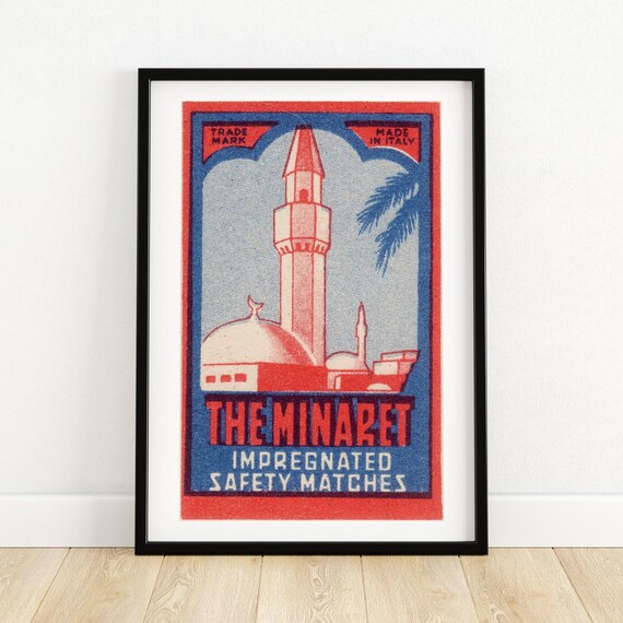 Minaret Matchbox Art Print Italian Design Vintage Matchbook Style Mid Century Decor Red And Blue Wall Art Collectible Poster A4