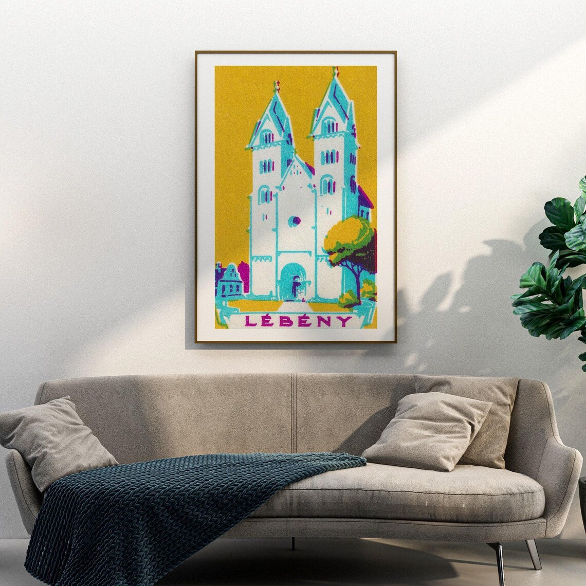 Lebeny Twin Spire Church Yellow Vintage Hungarian Matchbox Poster - Image 3