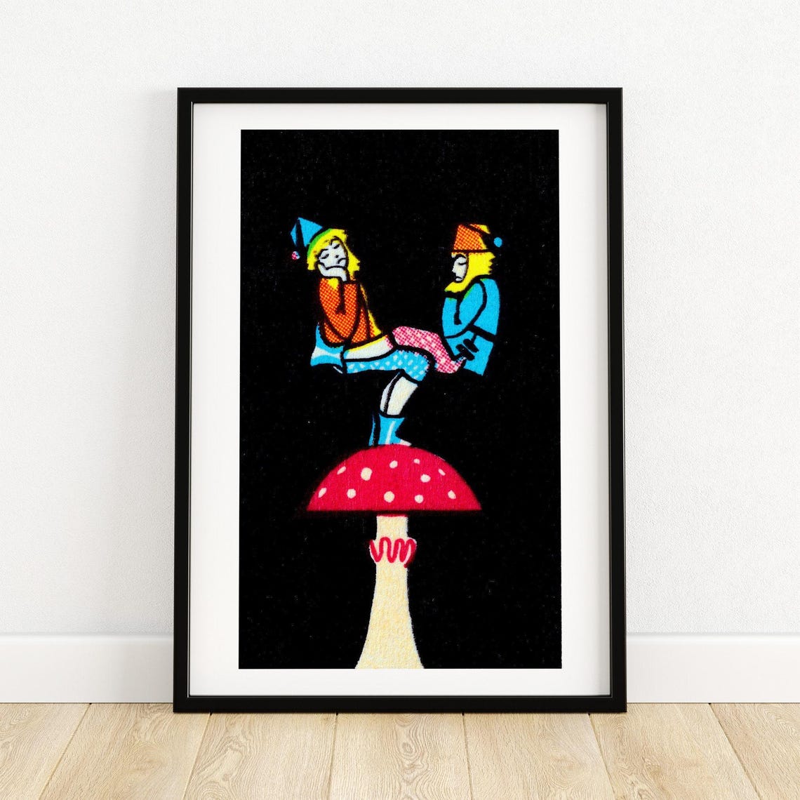 Balancing Gnomes on Red Mushroom Fairy Tale Night Art Poster